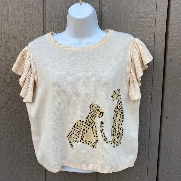 Entro women’s size small CHEETAH PRINT SWEATER WITH RUFFLE CAP SLEEVES IN BEIGE - Picture 2 of 3